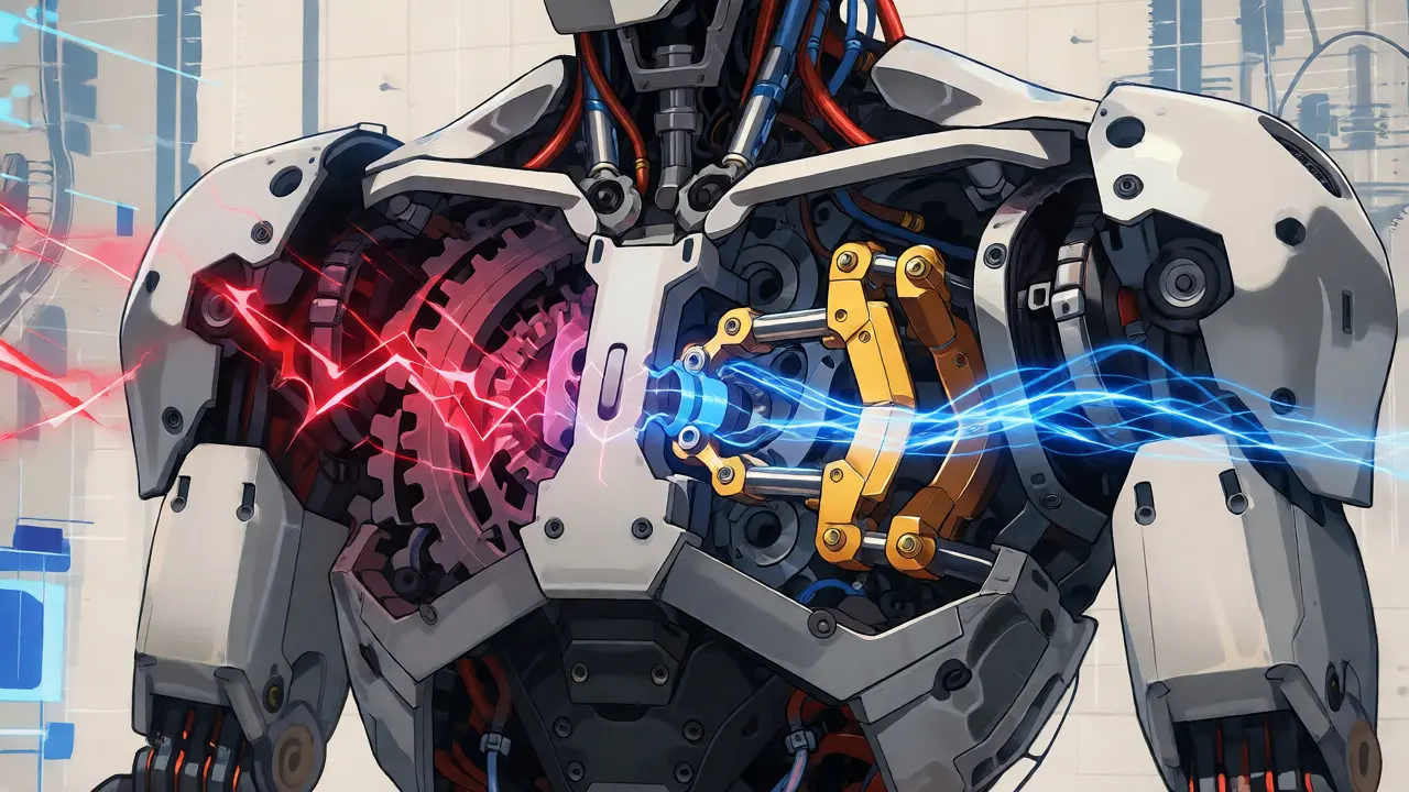 Internal mechanical view showing a device smoothing jagged red energy spikes into blue streams.