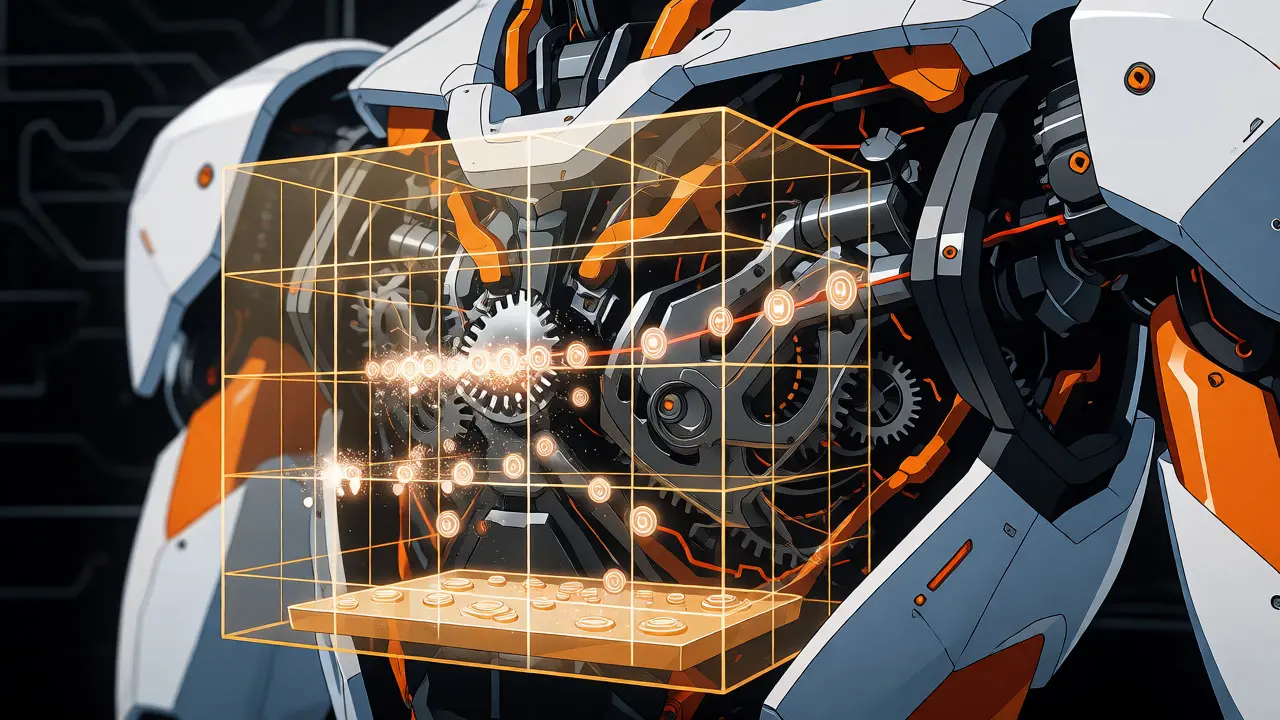 Mech interior filtering tokens through a golden grid