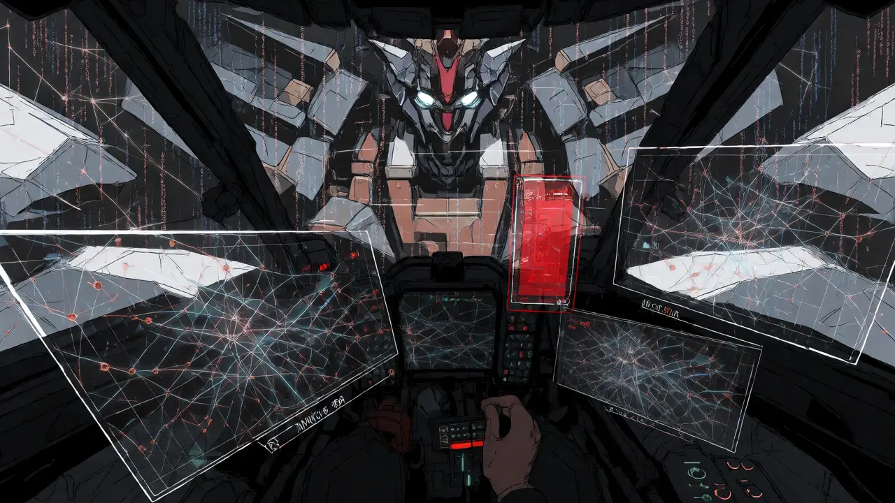Mecha cockpit with holographic risk alerts and code