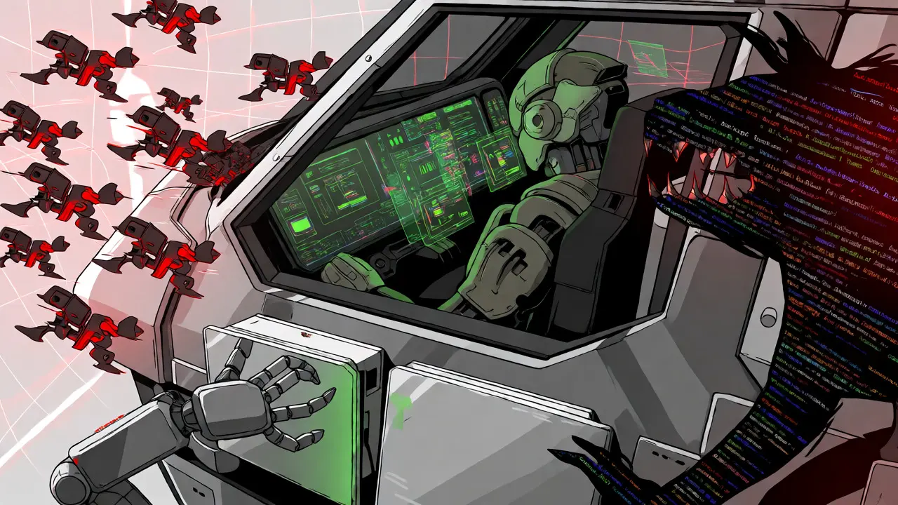 Mecha pilot managing security threats in cockpit