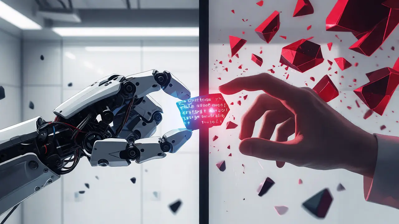 Robot arm handing code fragment to hesitant human hand