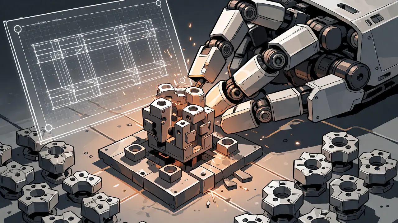 Robotic arm assembling uniform test components following a specific recipe template.