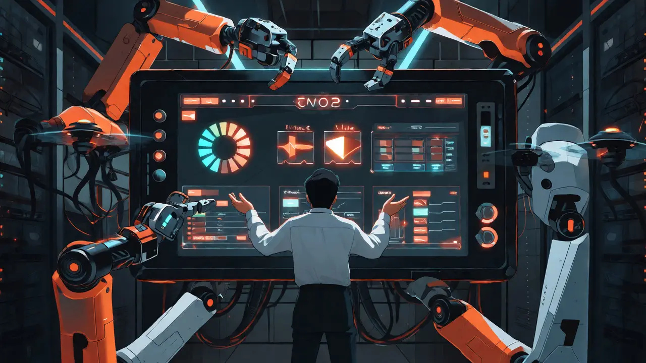 Robotic arms assembling a real-time operational dashboard in a futuristic setting.