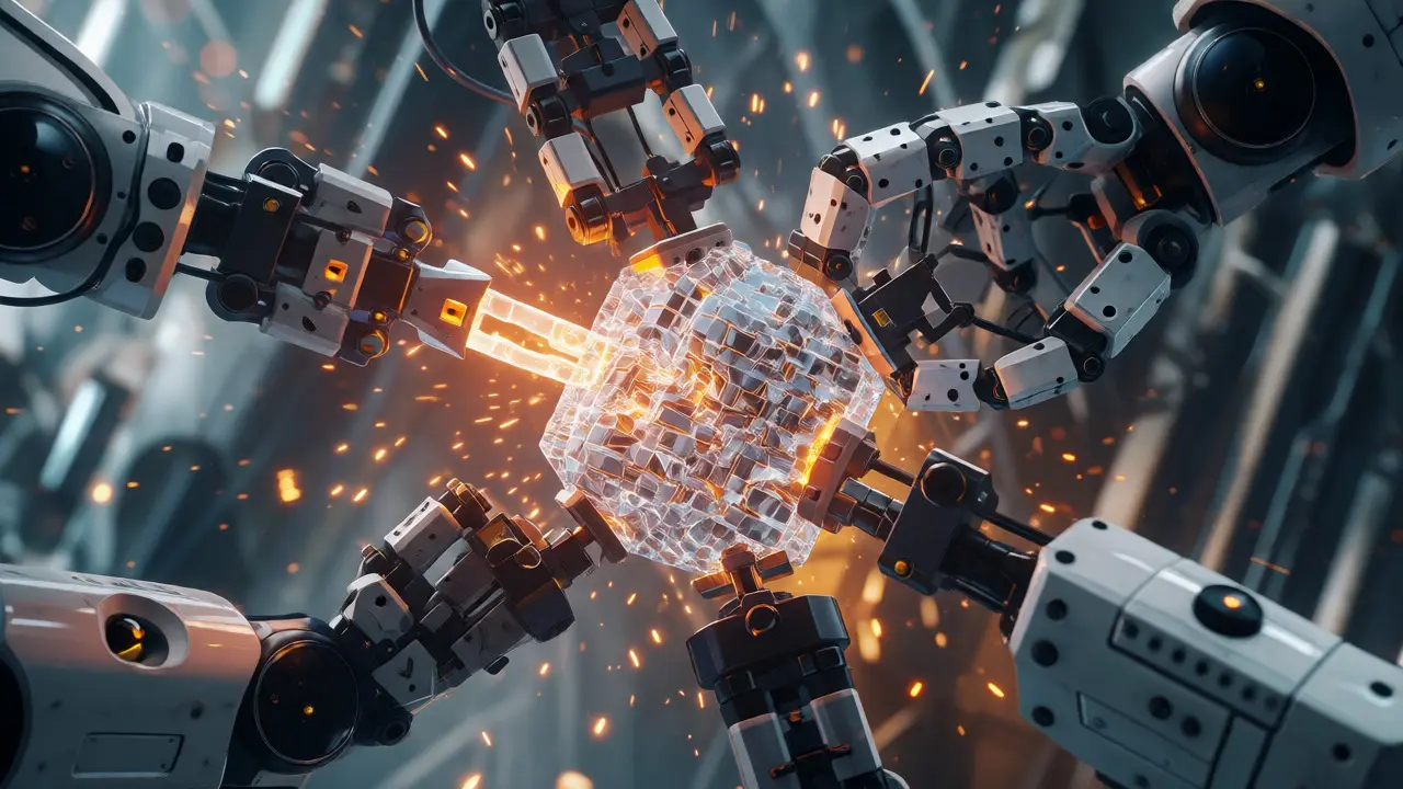 Robotic arms injecting static noise into a crystalline neural network core.
