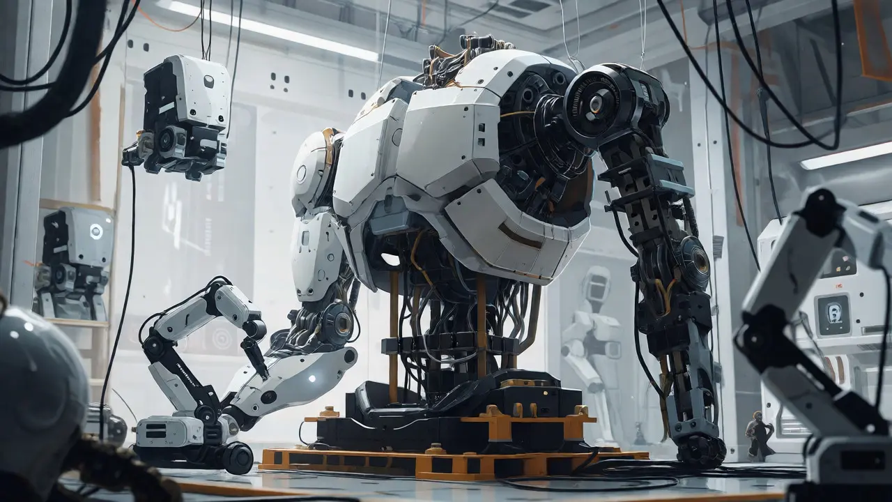 Robotic assembly line constructing a large mechanical framework