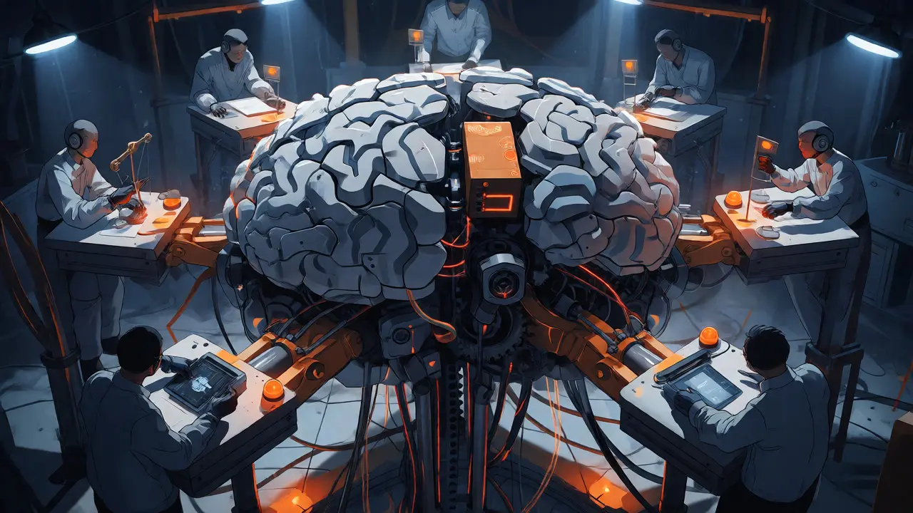 Robotic workers inspecting a complex mechanical brain structure in an industrial setting.