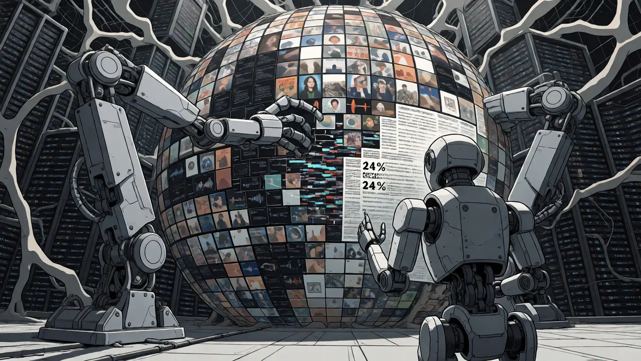 Robots assembling a multimedia sphere in a sci-fi lab