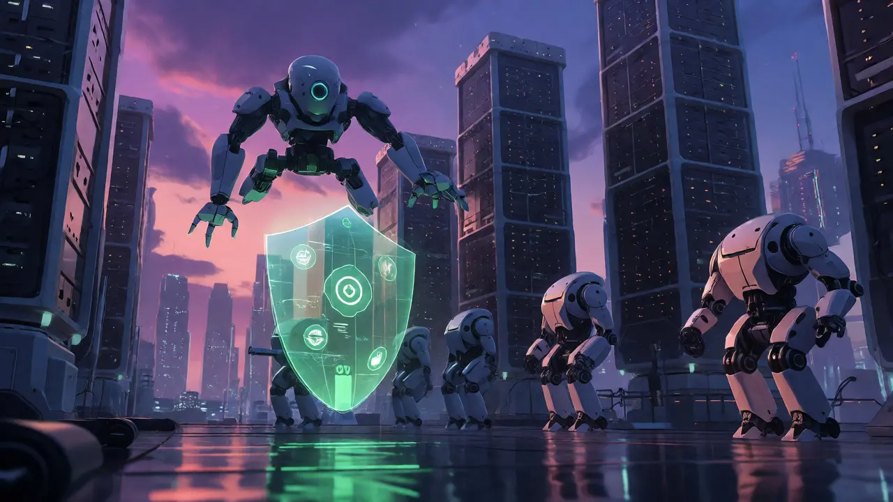 Scout robot guarding a holographic shield over a futuristic server-farm city.