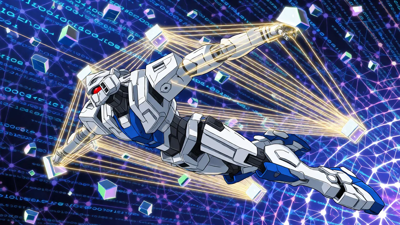 Sleek mecha with parallel attention lines hovering in data vortex