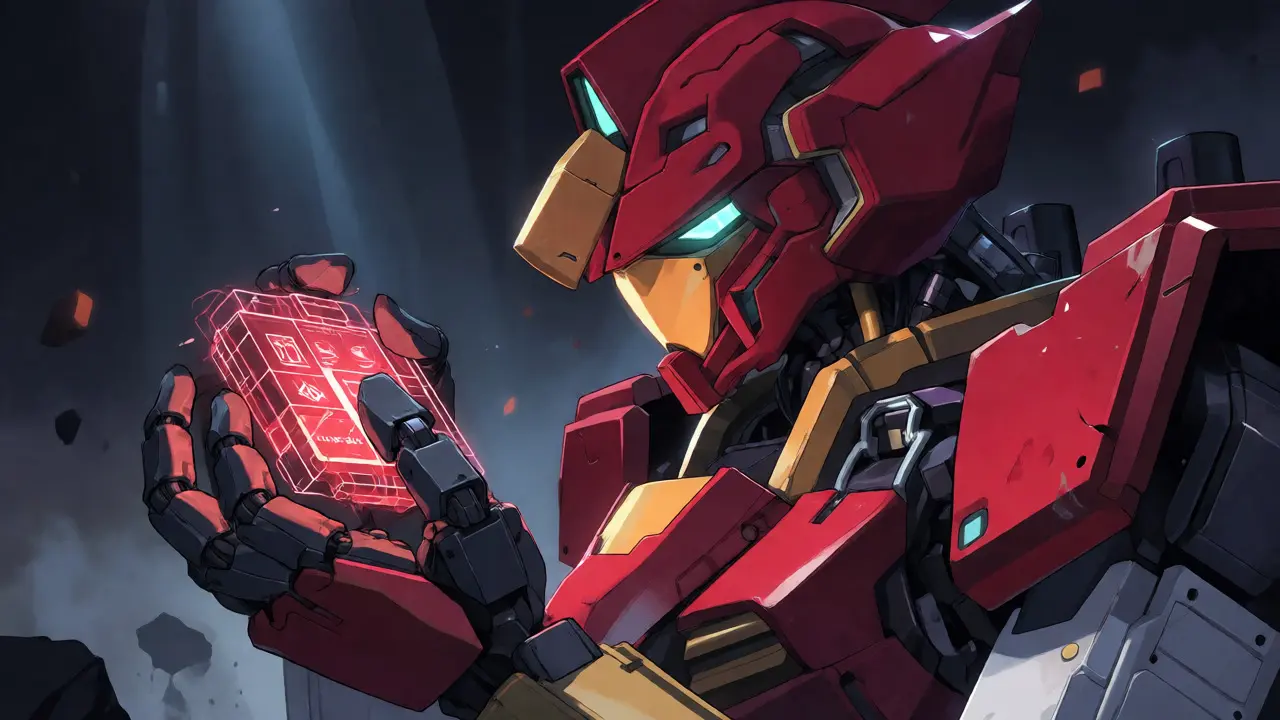 Specialized red and gold anime robot focusing intently on a single data core