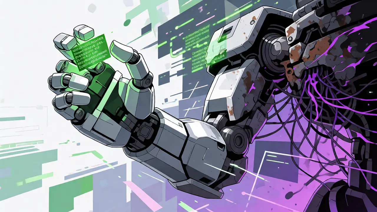 Split view of a robot showing efficient code processing versus chaotic security leaks.