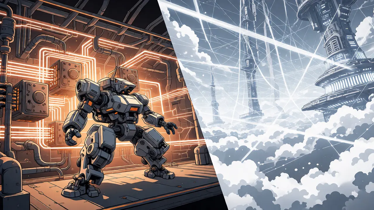 Split view of local mecha hangar vs cloud network