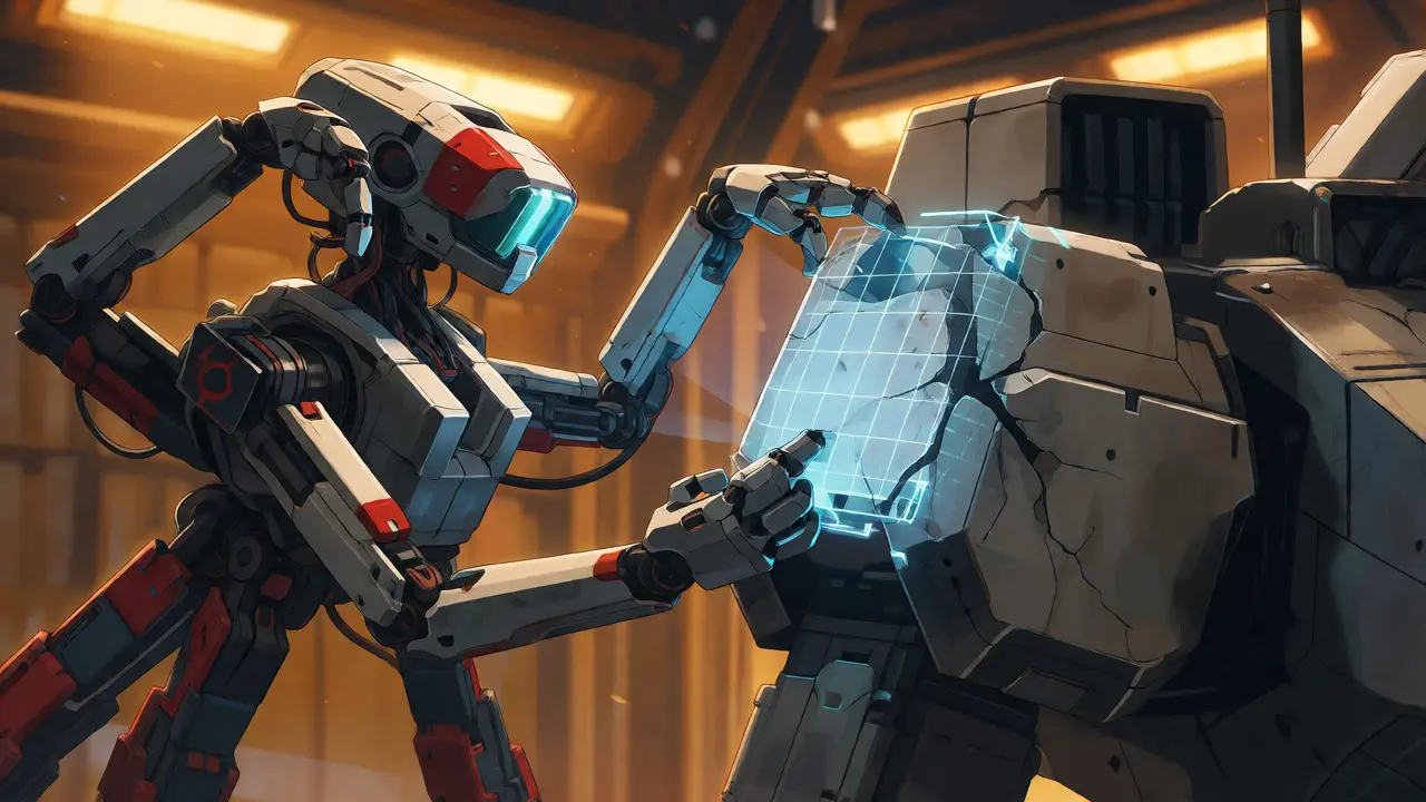 Support robot scanning and repairing armor gaps on a main battle mech in a hangar.