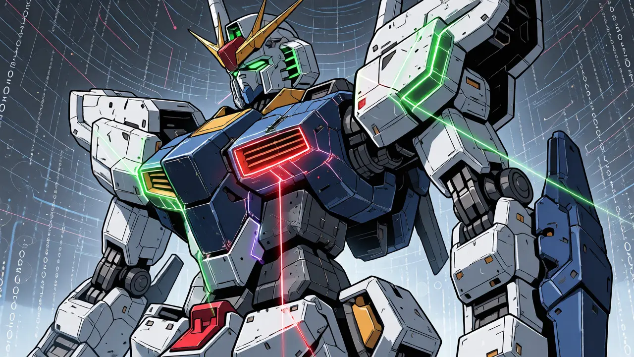 Surgical laser beams modifying a mecha's armor sections during a scoped refactoring process.