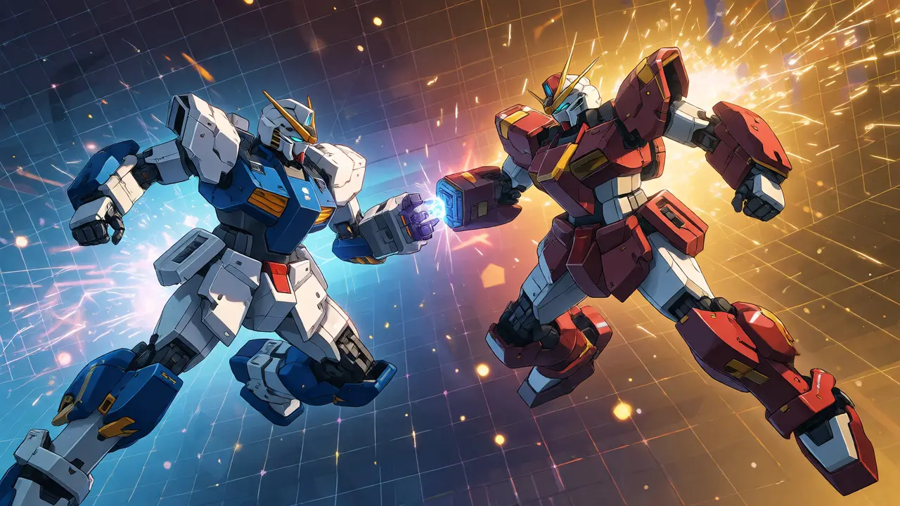 Two anime mechas merging together to form a hybrid unit amidst energy sparks