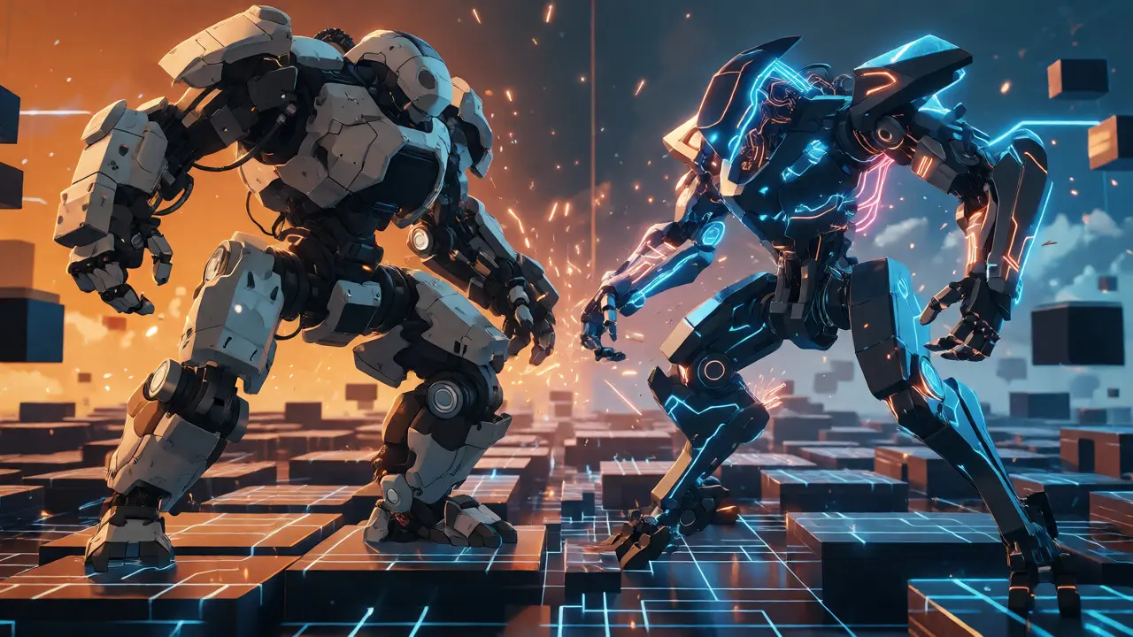 Two contrasting robots symbolizing different coding platform strengths