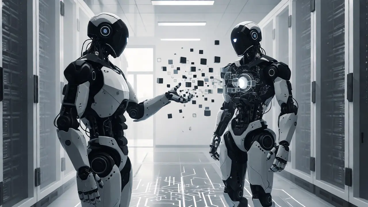 Two humanoid mechas in a server room resolving network issues through data manipulation.