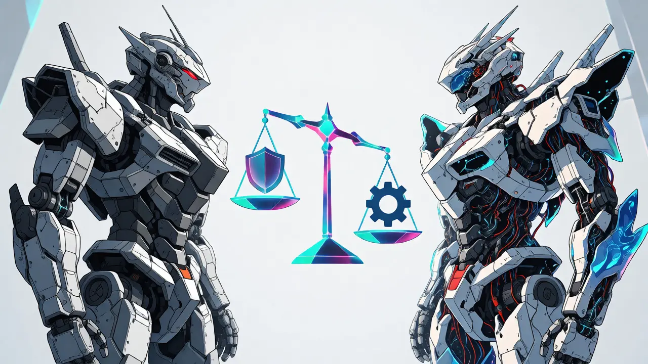 Two mechas facing off with a floating balance scale