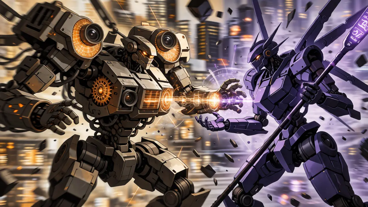 Two mechs bridging video and text data in an anime scene