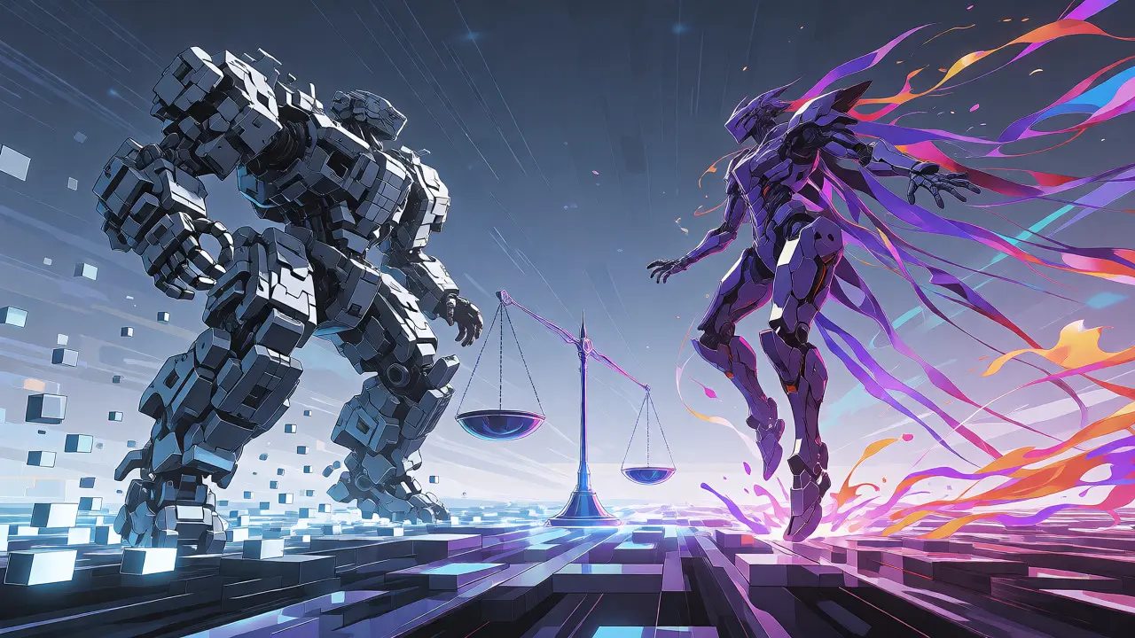 Two mechs contrasting rigid structure and fluid creativity