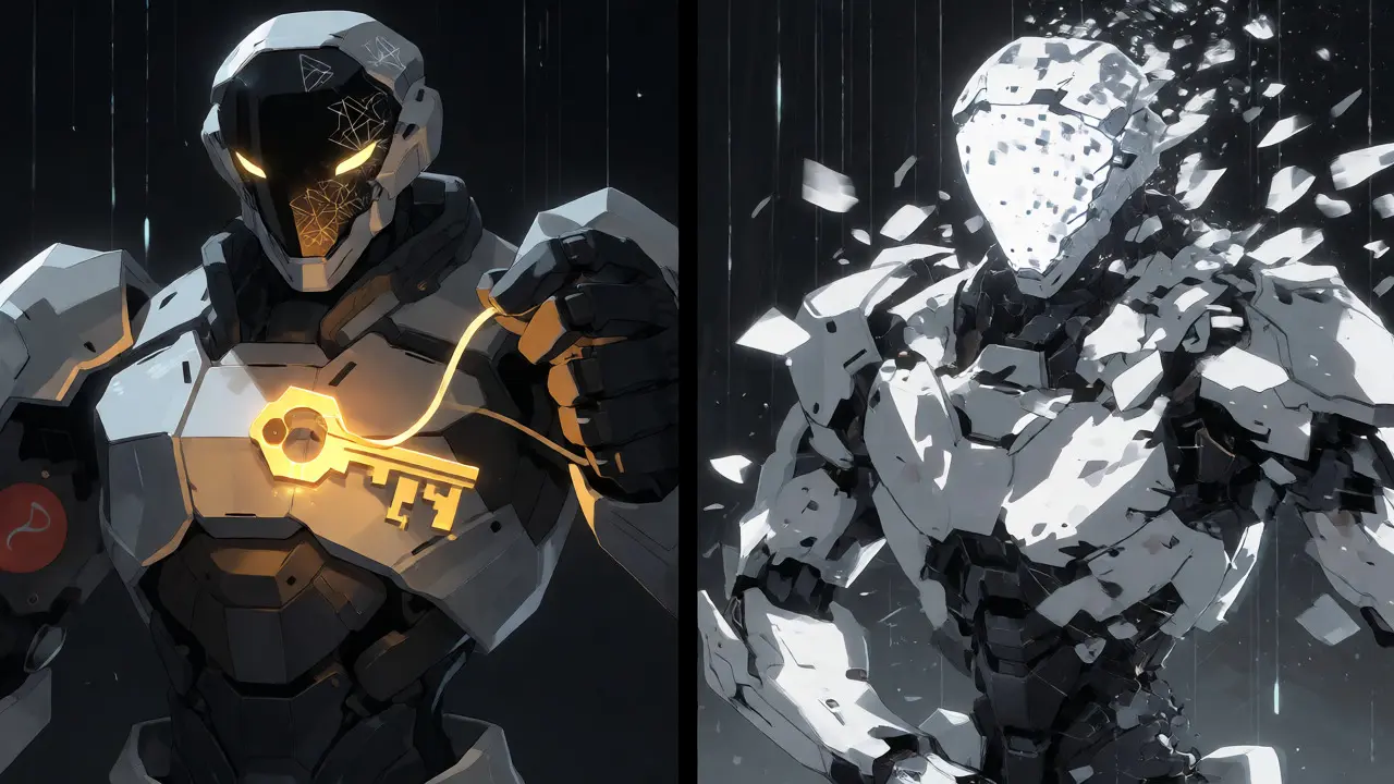 Two robots contrasting pseudonymization with a key versus anonymization shattering.