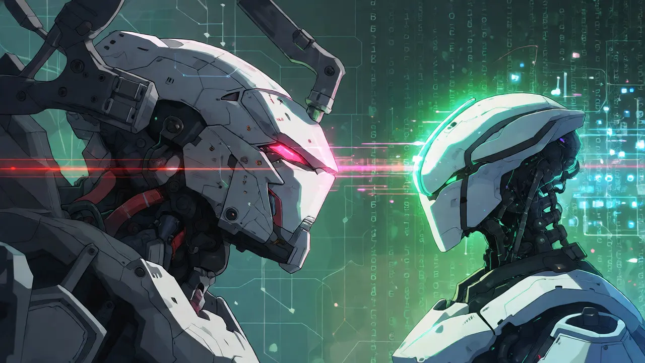 Two robots undergoing a compression transformation from bulky to sleek forms.